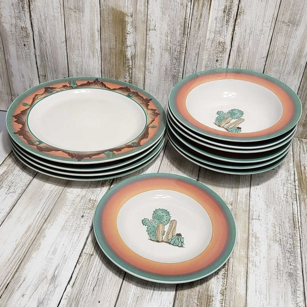 11 RARE Meiwa Southwest Cactus Style Dinnerware Plates Bowls FOR REPLACMENT